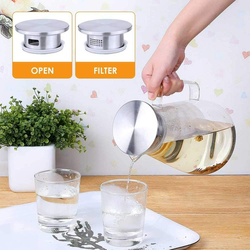 Hwagui - Large Heat Resistant Glass Pitcher with Stainless Steel Lid, Water Carafe with Handle, Good Beverage Pitcher for Homemade Juice and Iced Tea, 1800ml/61oz - Image 5